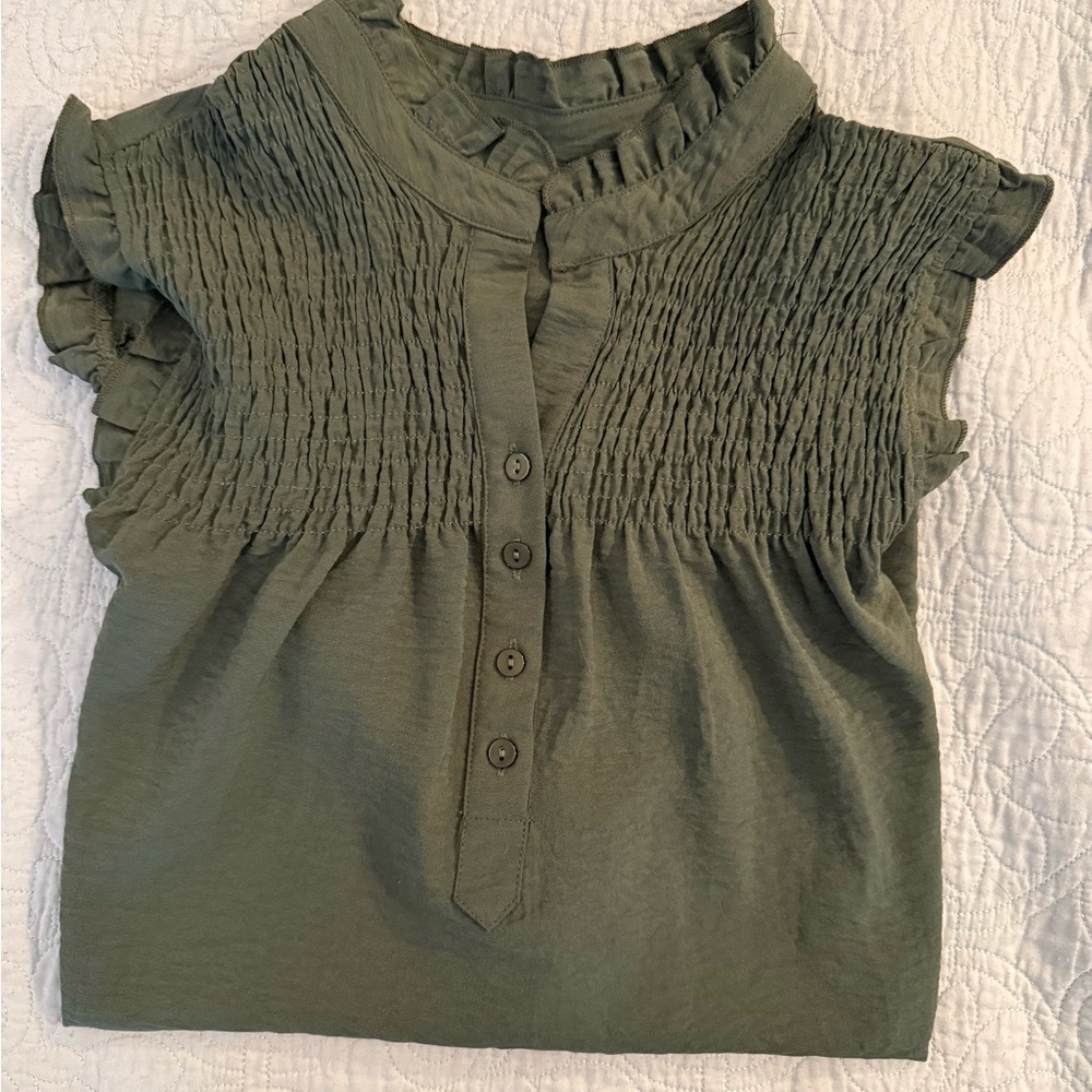 Army Green Smocked Button-Up Blouse with Ruffled Mandarin Collar